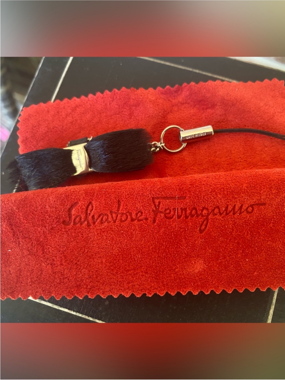 Salvatore Ferragamo Vara bow charm in black haircalf (pony hair)
